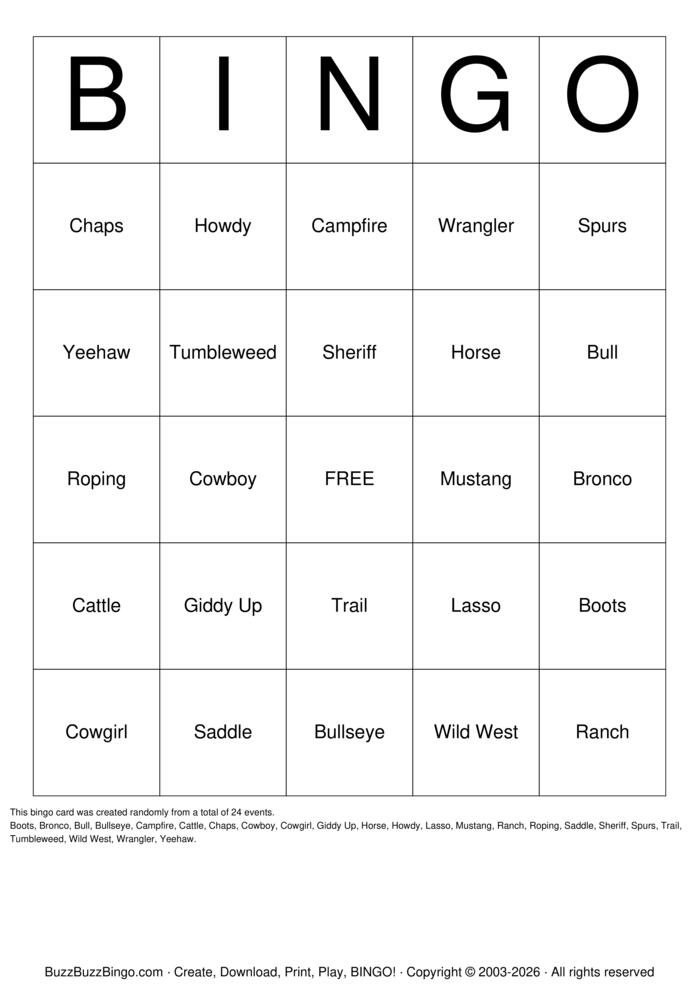 Download Free RODEO Bingo Cards