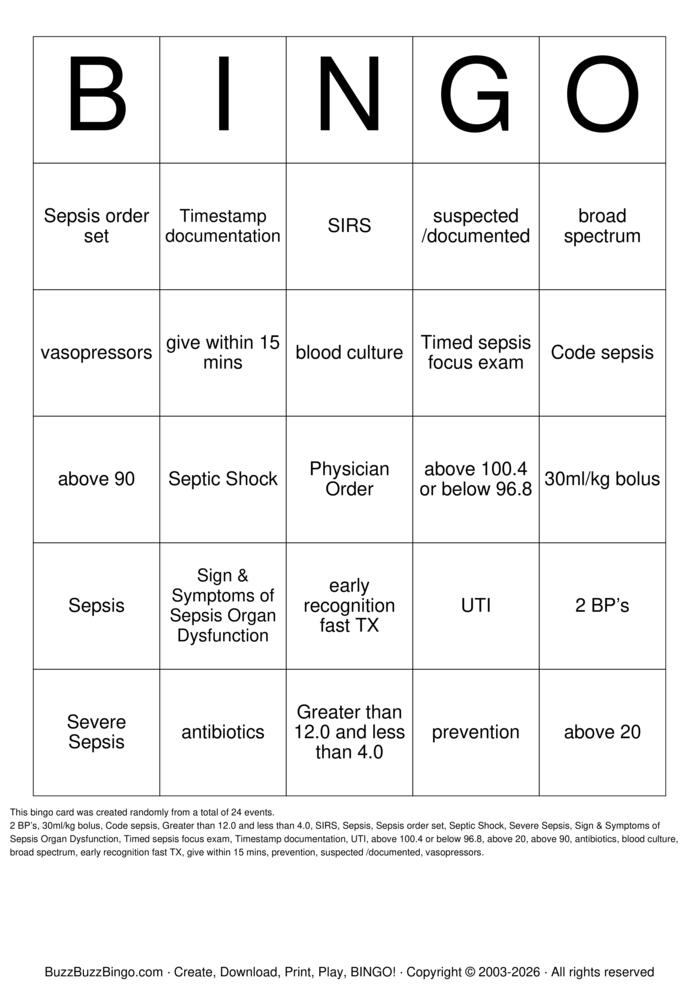 Download Free SEPSIS Bingo Cards