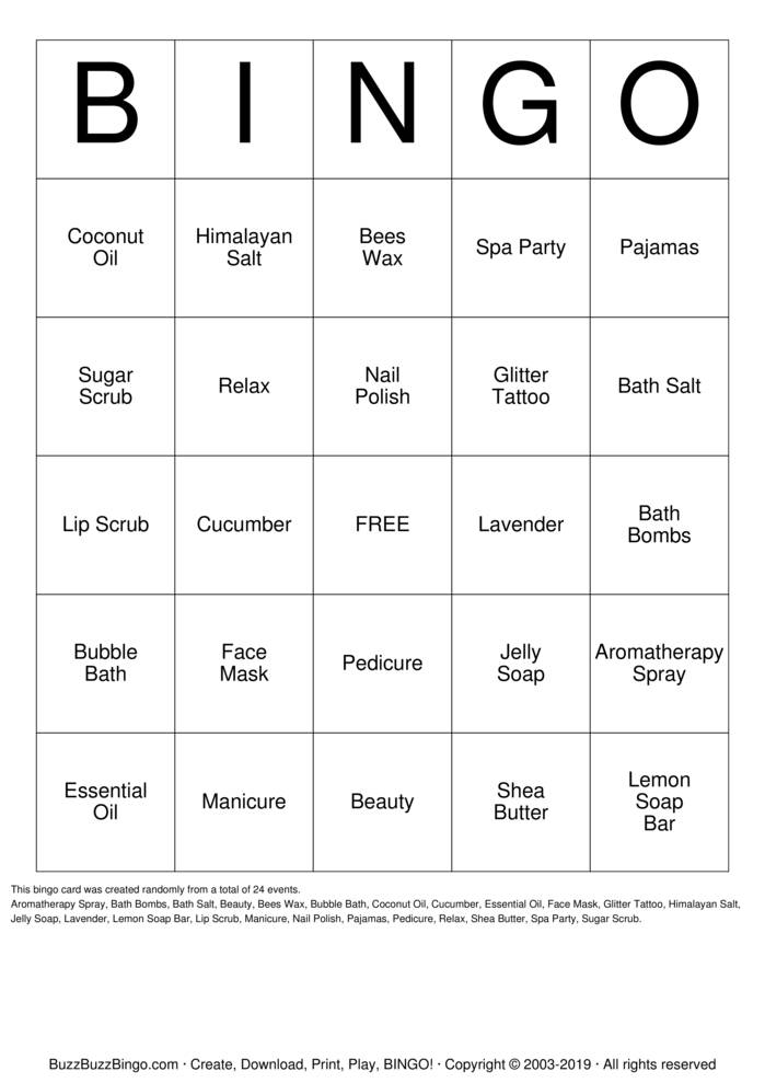 Spa Party Bingo Cards to Download, Print and Customize!