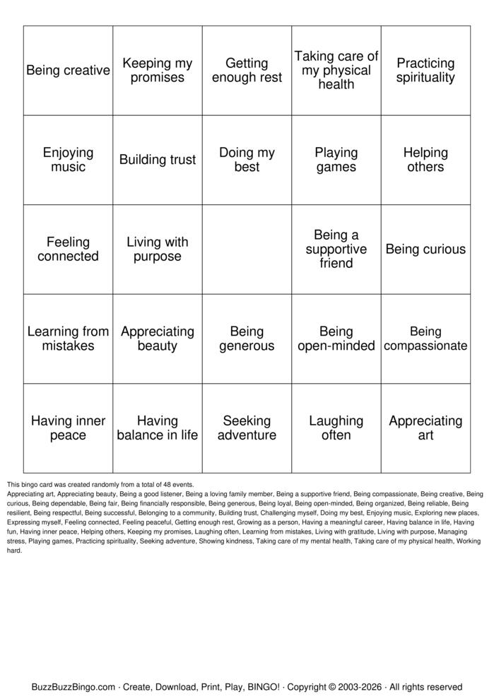 Download Free VALUES Bingo Cards