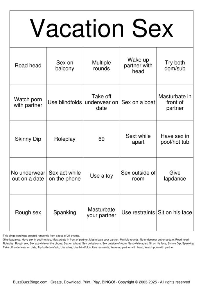 Vacation Sex Bingo Cards to Download, Print and Customize!