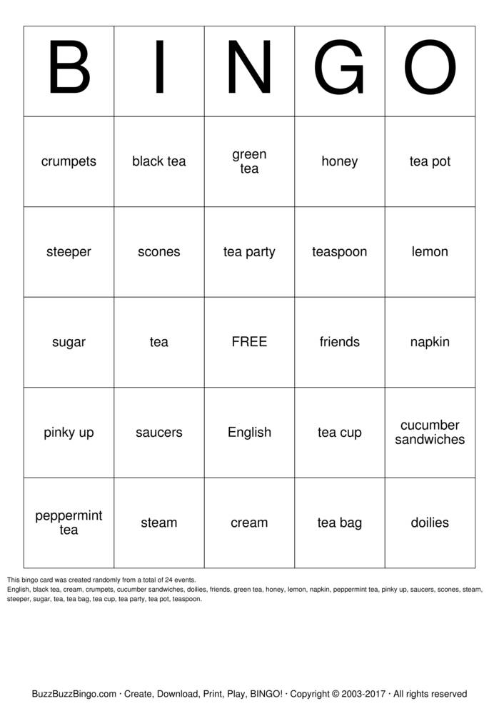 tea party bingo Bingo Cards to Download, Print and Customize!