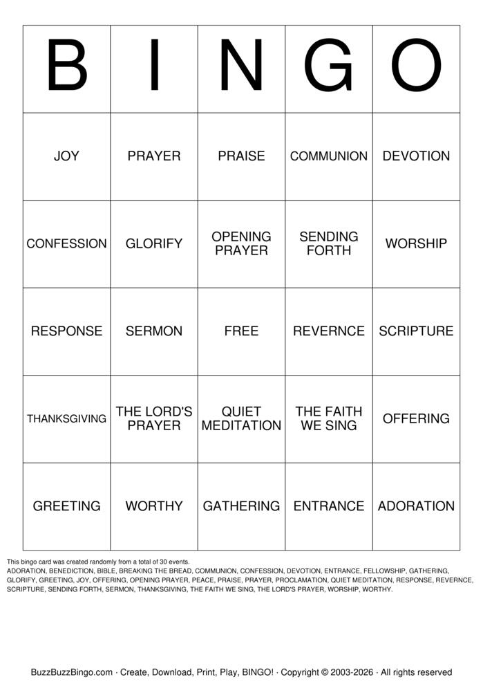 Download Free worship Bingo Cards Download Free worship Bingo Cards