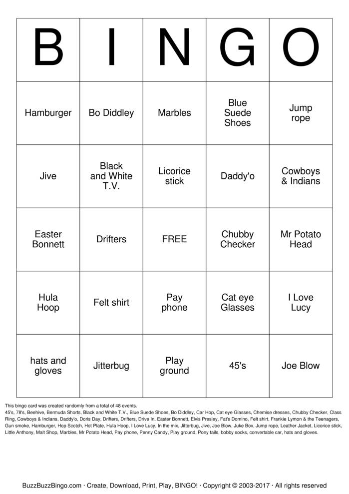 1950's Bingo Cards to Download, Print and Customize!