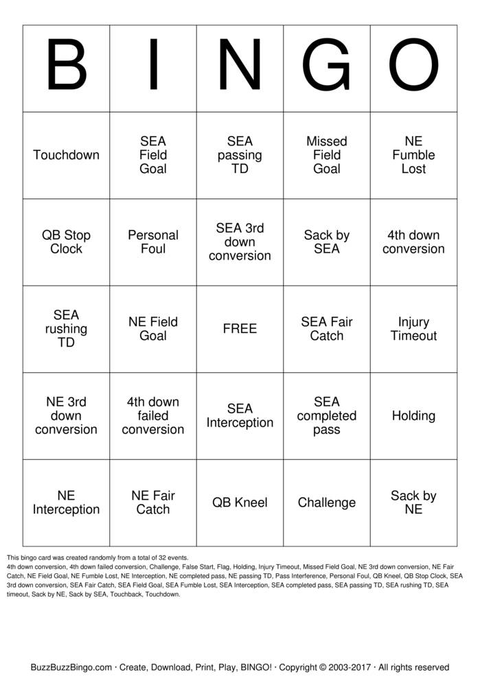 2015 Superbowl NE vs SEA Bingo Cards to Download, Print and Customize!