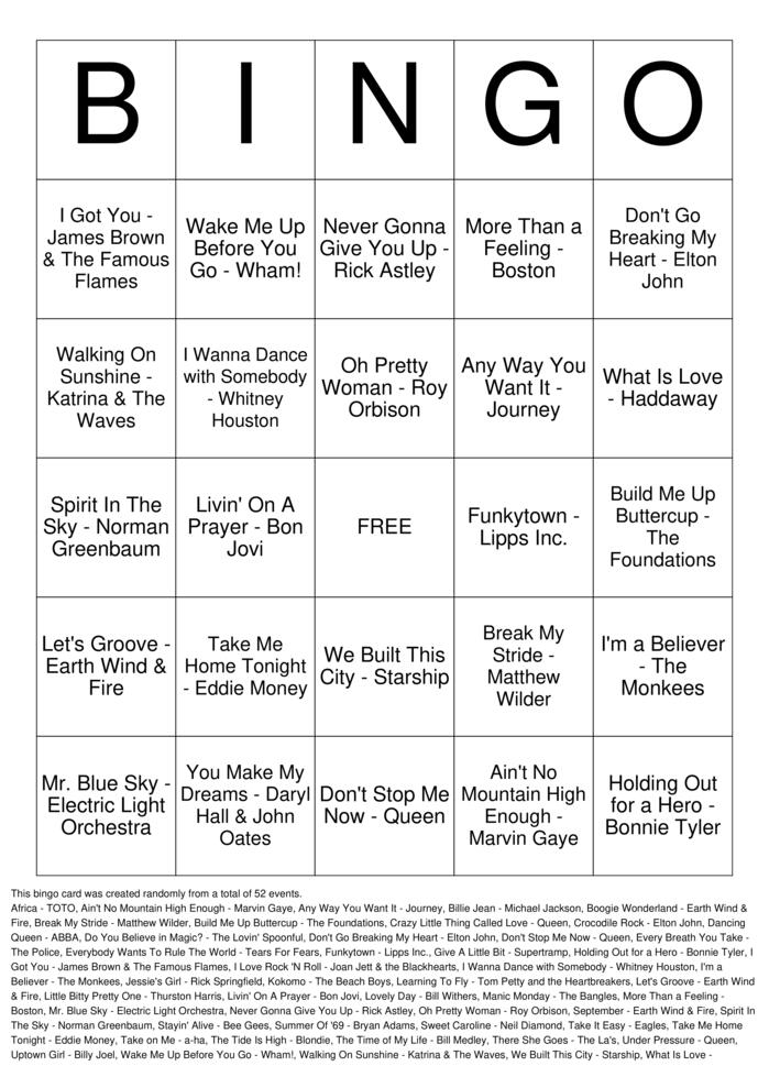 Download Free 70s, 80s, 90s Music Bingo Cards