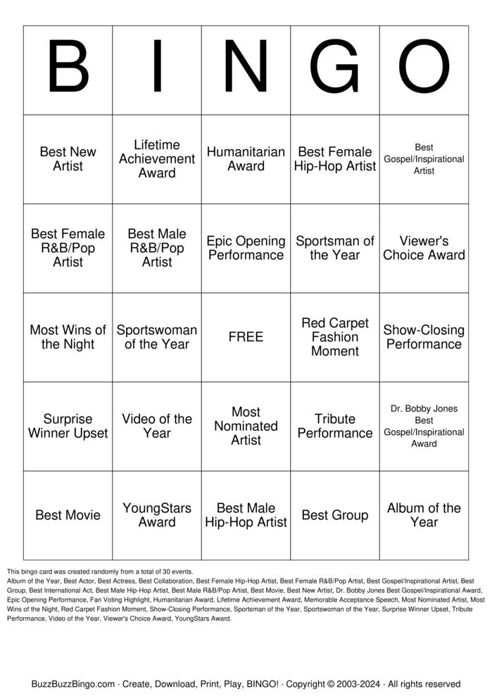 Download Free BET Awards Bingo Cards