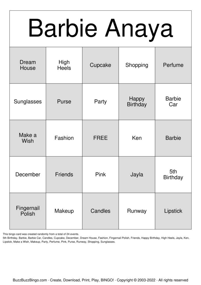 Download Free Barbie Bingo Cards