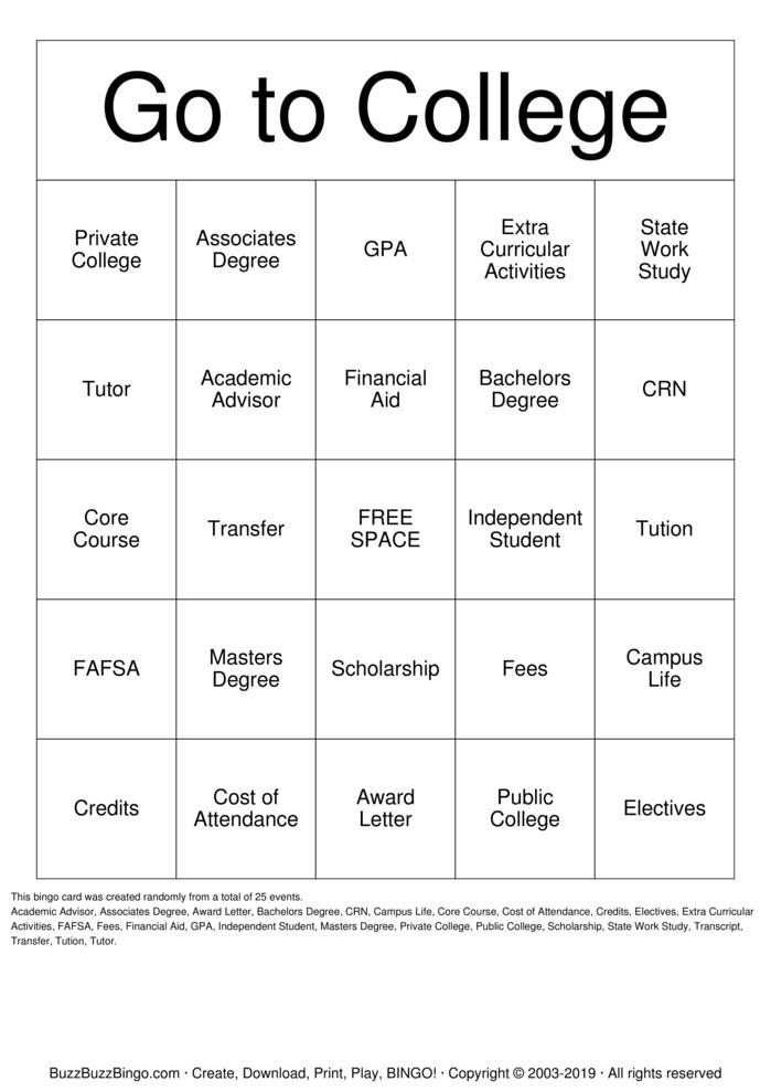 Download Free College Bingo Cards