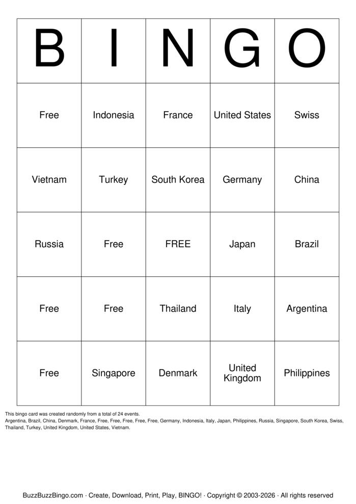 Download Free Countries Bingo Cards