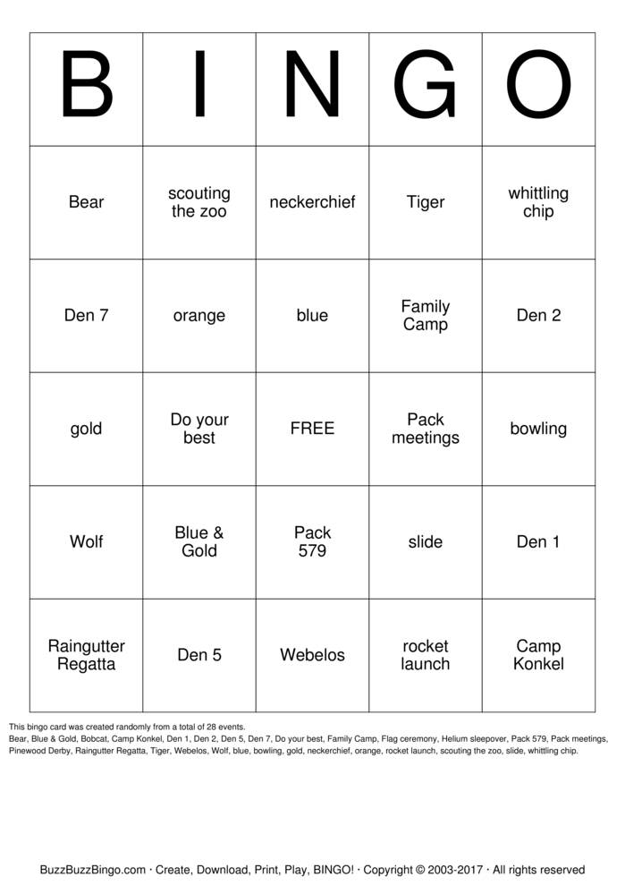 Download Free Cub Scouts Bingo Cards