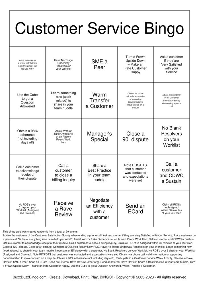 Download Free Customer Service Bingo Bingo Cards