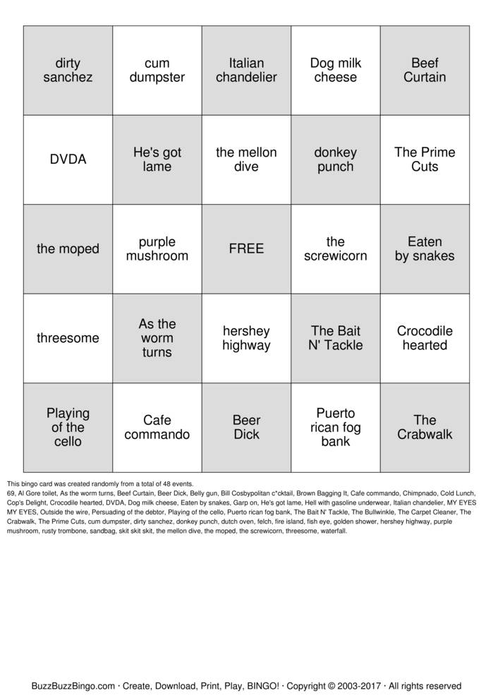 DIRTY Bingo Cards To Download Print And Customize 