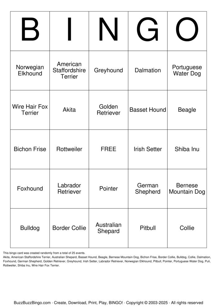 Download Free Dogs Bingo Cards Download Free Dogs Bingo Cards