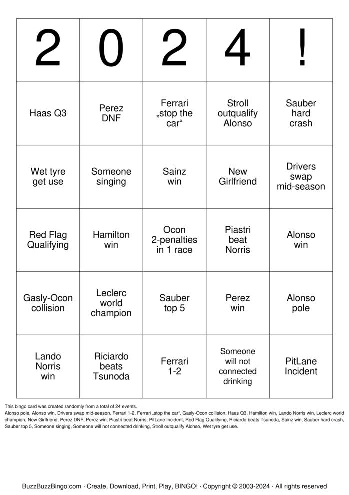 Download Free F1 2024 Bingo Cards Download Free F1 2024 Bingo Cards