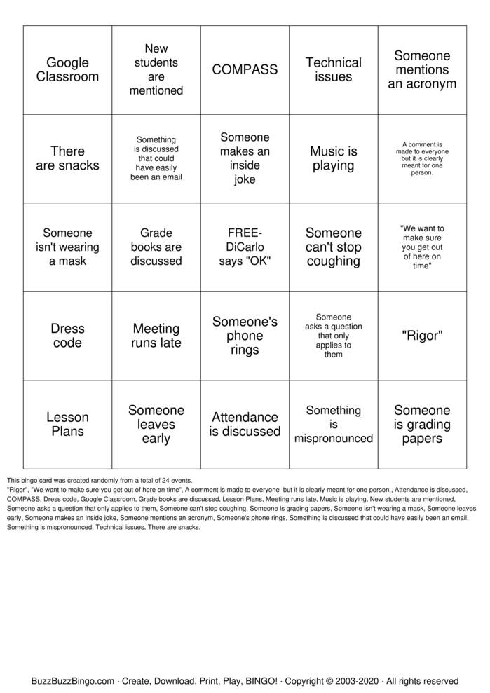 Download Free Faculty meeting BINGO Bingo Cards