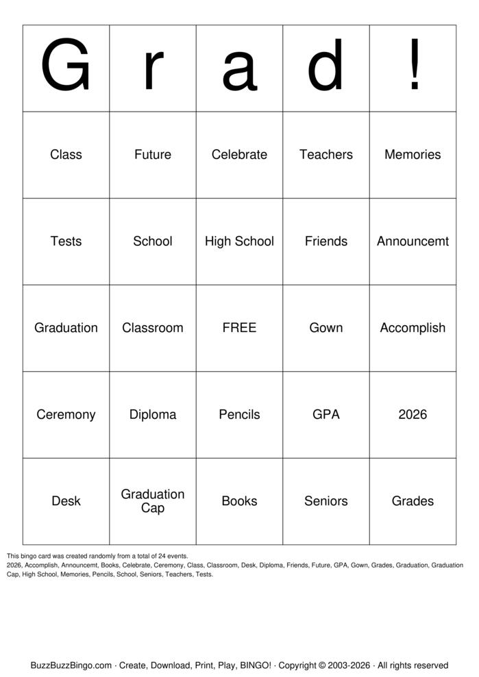 Download Free Graduation  Bingo Cards
