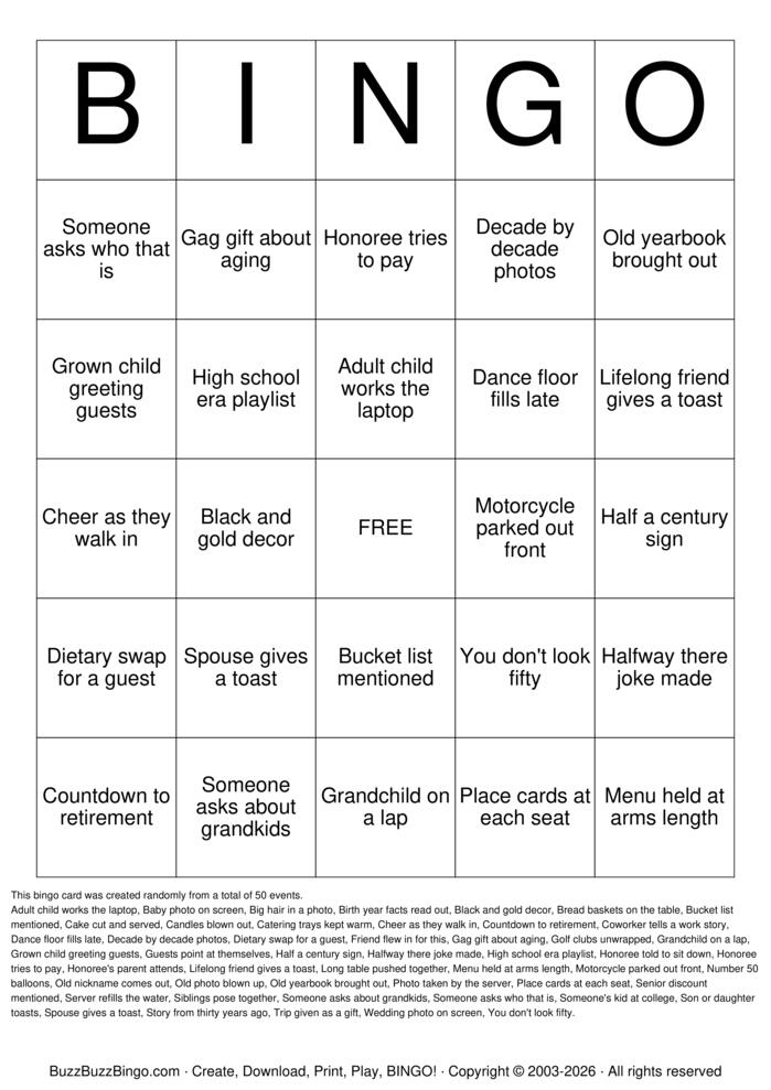 Download Free Milestone 50th Birthday Bingo Cards