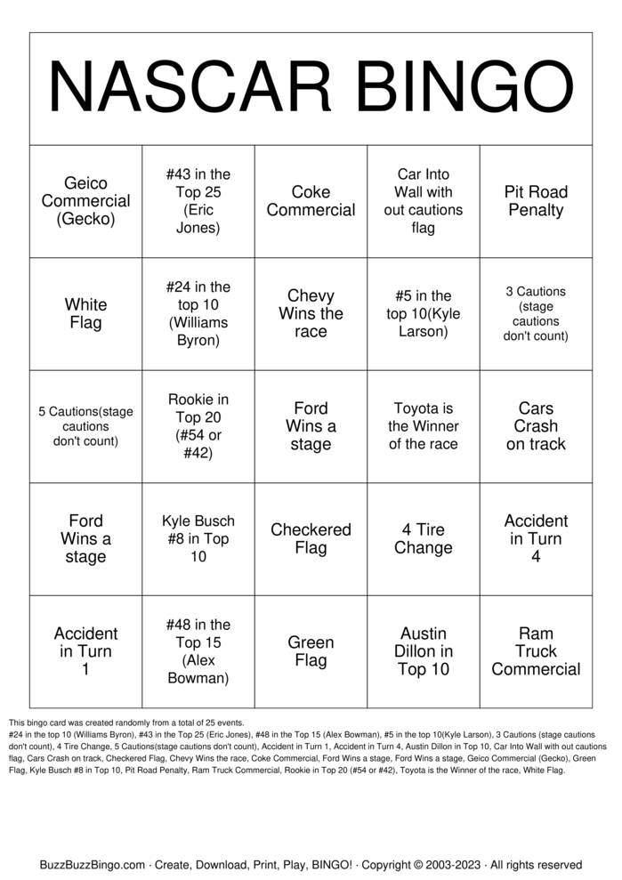 NASCAR Bingo Cards to Download, Print and Customize!