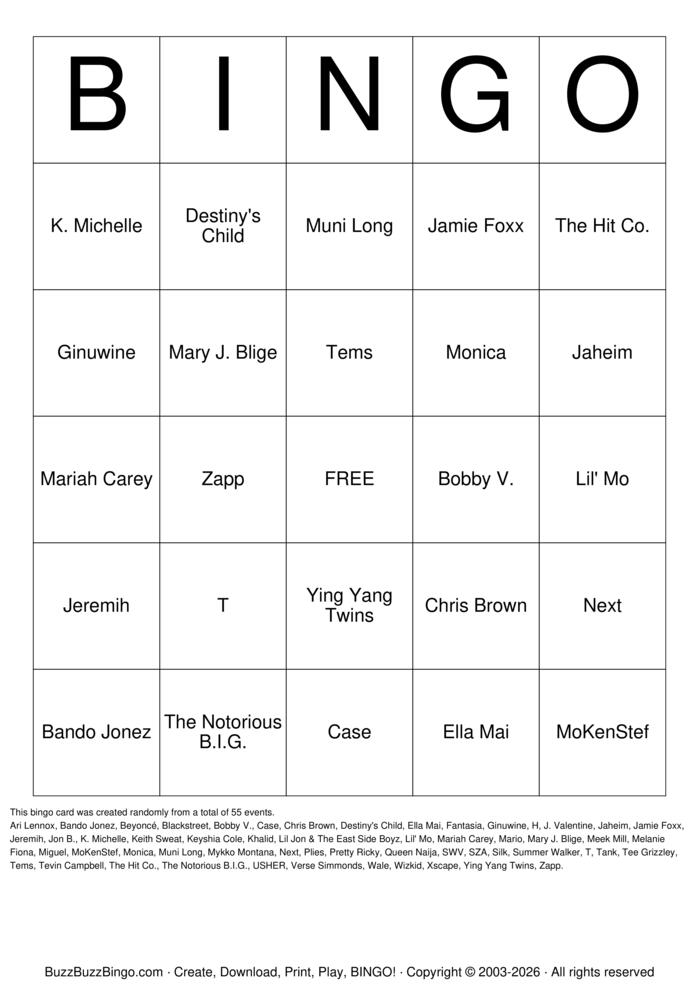 Download Free R&B Music Unique Artists Bingo Cards Download Free R&B Music Unique Artists Bingo Cards