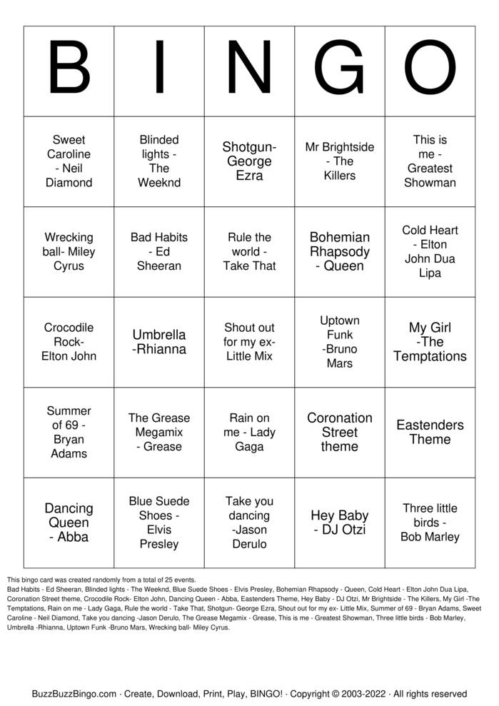 Download Free Rock 'N' Roll SSA Charity Bingo Cards
