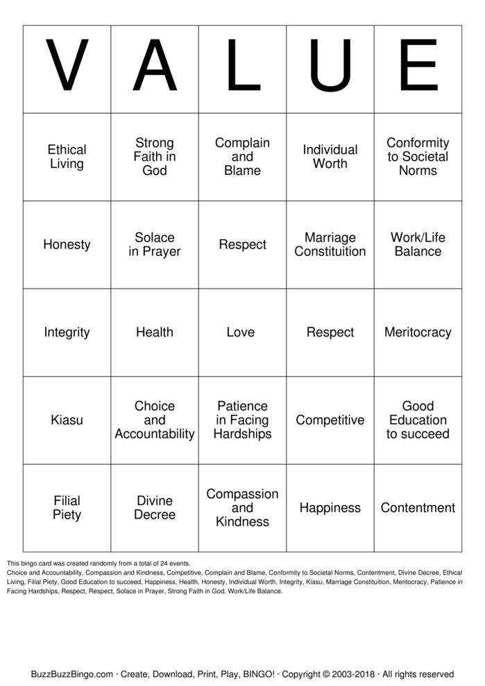 VALUES Bingo Cards To Download Print And Customize 