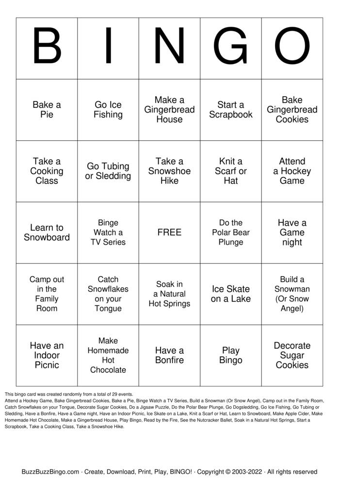Download Free Winter Activities Bingo Cards