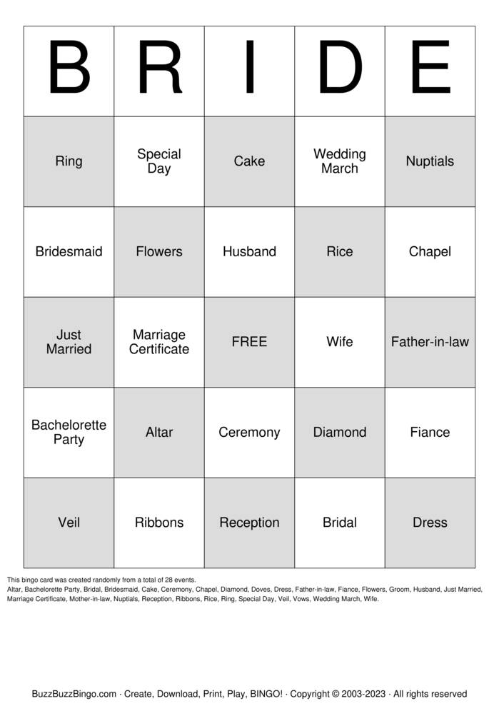 Download Free Zina's Bridal Shower Bingo Cards Download Free Zina's Bridal Shower Bingo Cards