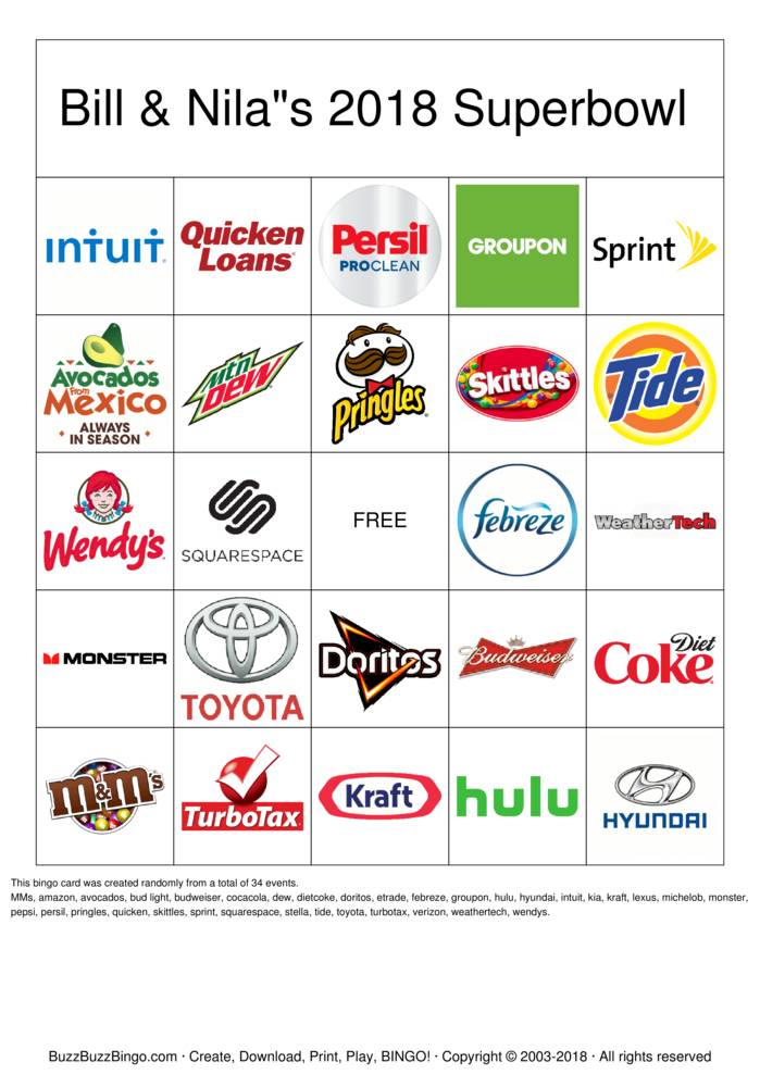 2018 Superbowl Commercial Logos Bingo Cards to Download, Print and ...