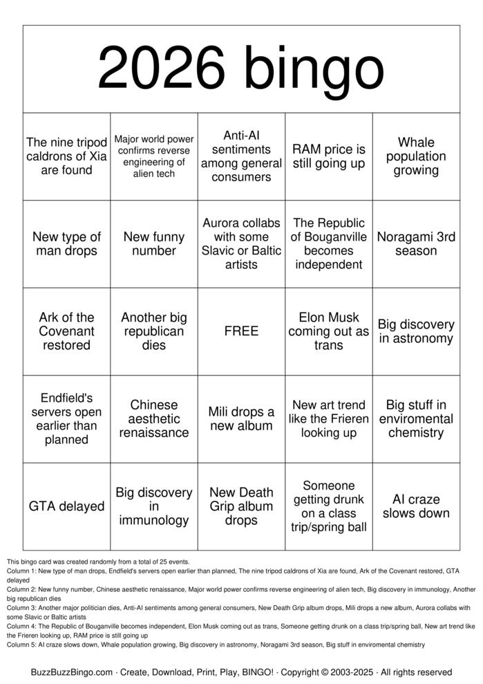 Download Free 2026 predictions Bingo Cards