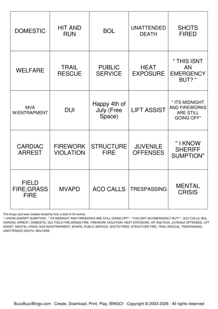 Download Free 4th of July 911 BINGO Bingo Cards