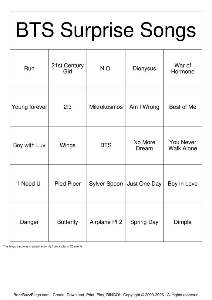 Download Free BTS Music Bingo Bingo Cards Download Free BTS Music Bingo Bingo Cards
