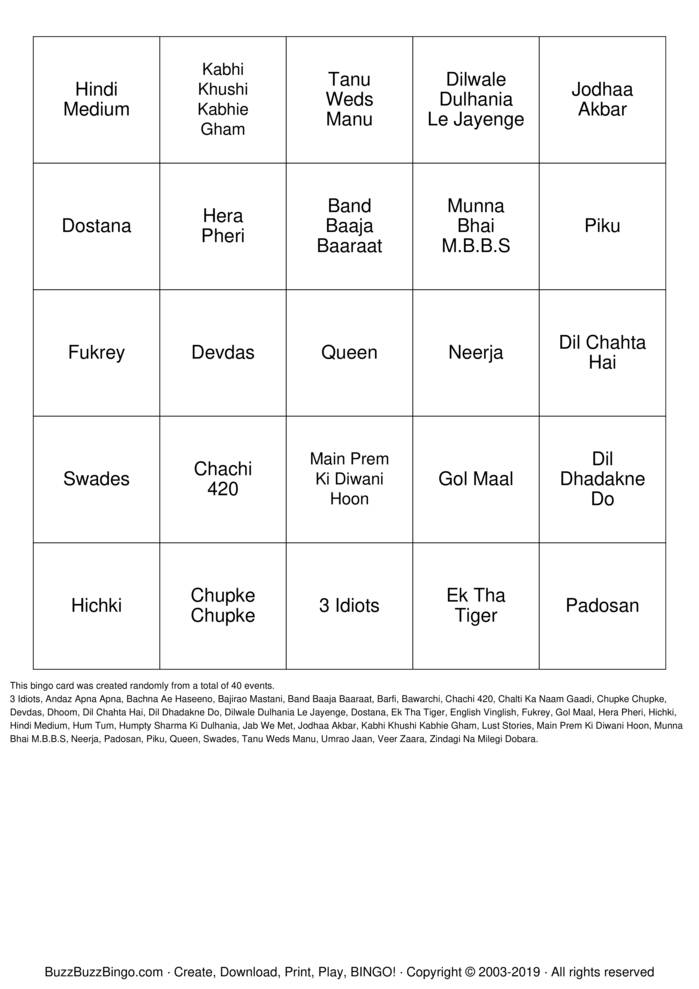 Download Free BollyWood Bingo Bingo Cards