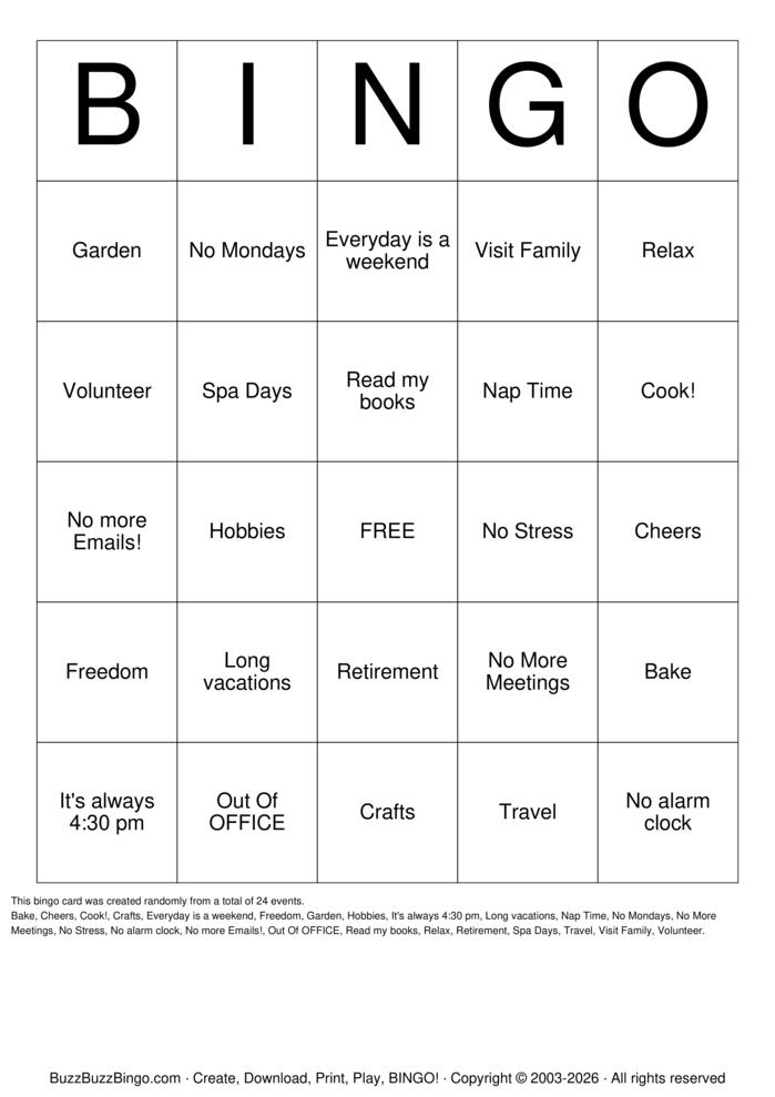 Download Free Clara's Retirement BINGO Bingo Cards