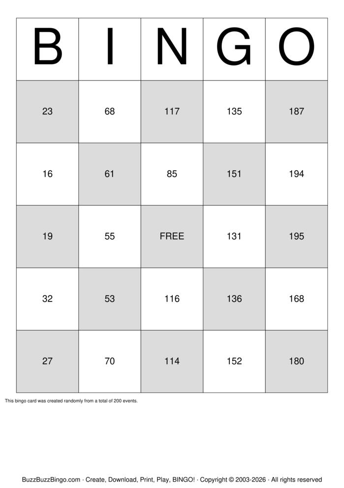 Download Free Classic Numbers 1-200 Bingo Cards