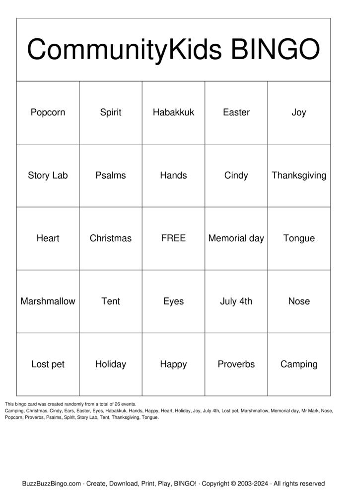 CommunityKids BINGO Bingo Cards to Download, Print and Customize!