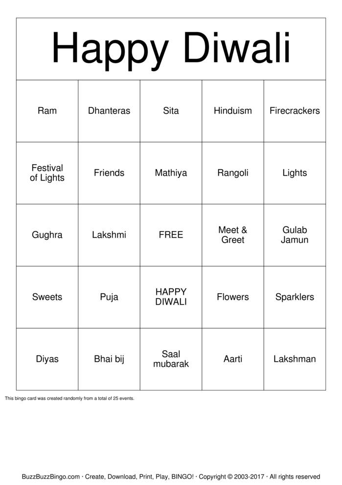 Diwali Party Bingo Cards to Download, Print and Customize!
