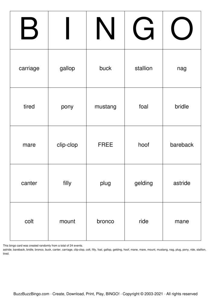 HORSE Bingo Cards to Download, Print and Customize!