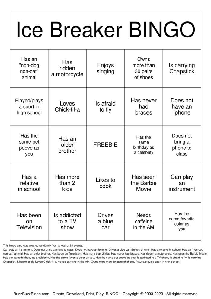 ICEBREAKER BINGO Bingo Cards to Download, Print and Customize!
