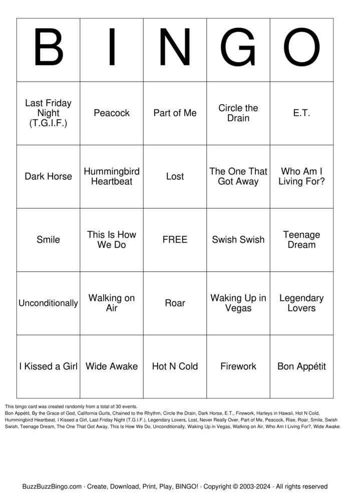 Download Free Katy Perry Songs Bingo Cards