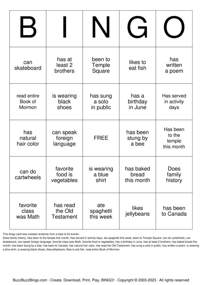 LDS YOUTH BINGO Bingo Cards to Download, Print and Customize!