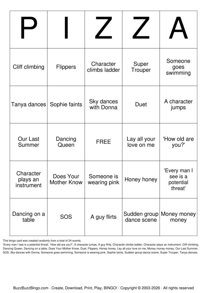 Download Free Mamma Mia! Bingo Cards