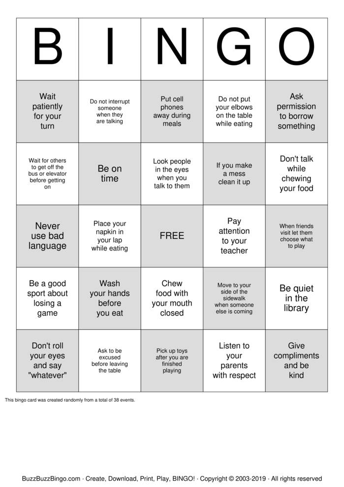 Download Free Manners Bingo Cards