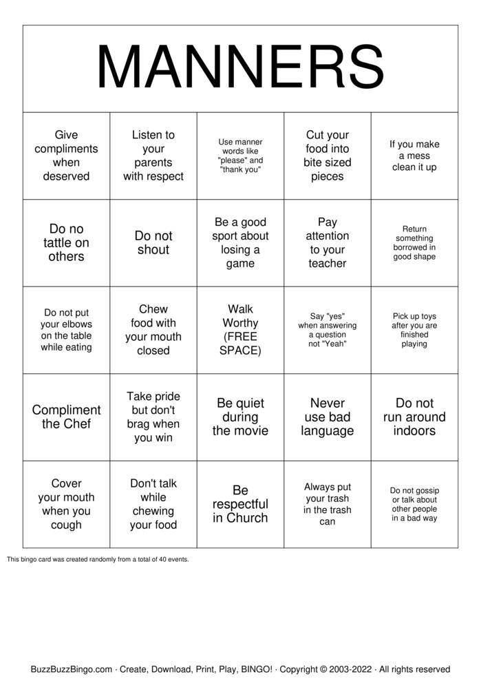 Download Free Manners B-I-N-G-O Bingo Cards