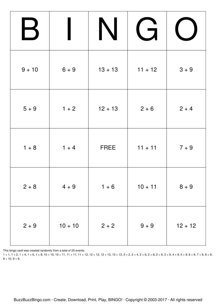 Download Free Math Addition Bingo Cards
