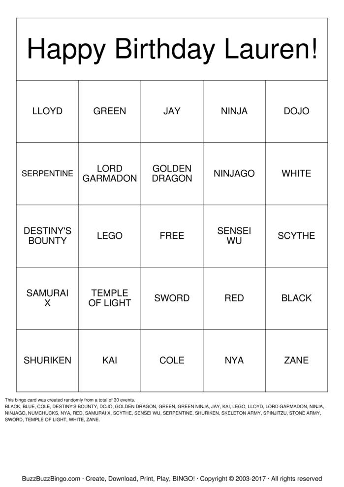 NINJAGO Bingo Cards to Download, Print and Customize!