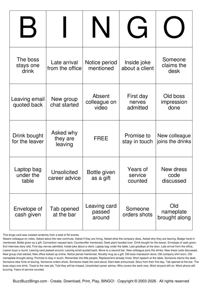 Download Free New Job Celebration Bingo Cards Download Free New Job Celebration Bingo Cards
