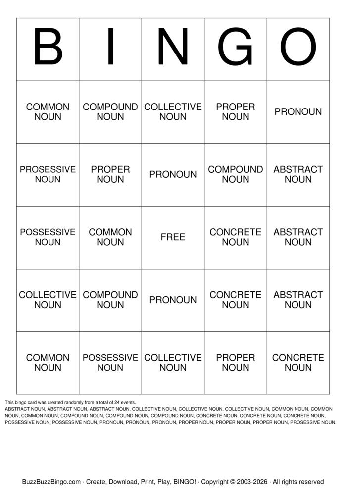 Download Free Noun Bingo Bingo Cards Download Free Noun Bingo Bingo Cards