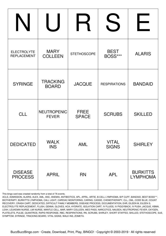 Download Free Nurse  Bingo Cards