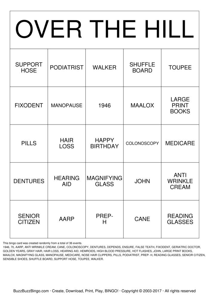 Download Free OVER THE HILL Bingo Cards